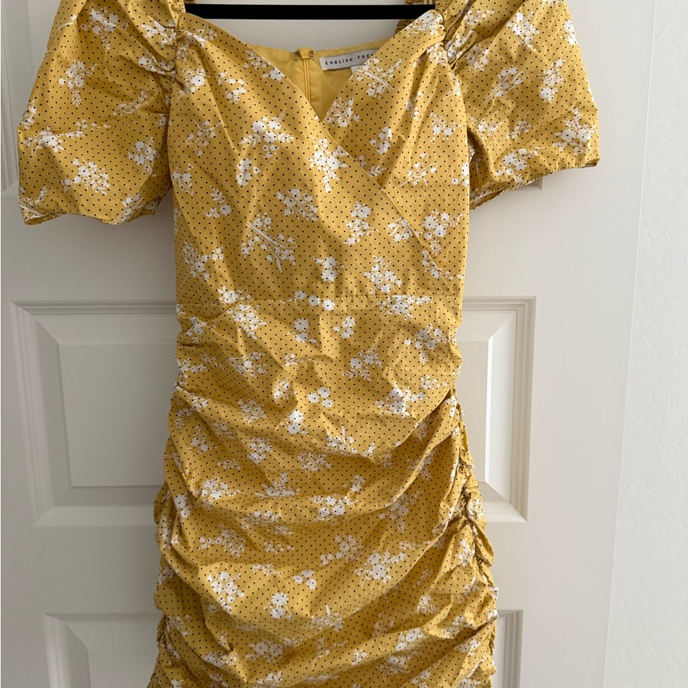 English Factory Mustard Yellow Floral Ruched Puff-Sleeve Mini Dress